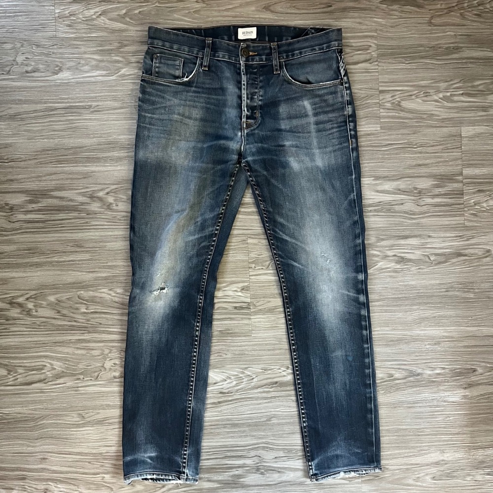 Hudson Sartor Slouchy Skinny Jeans Mens 33 Blue Distressed M755DBG Made in USA